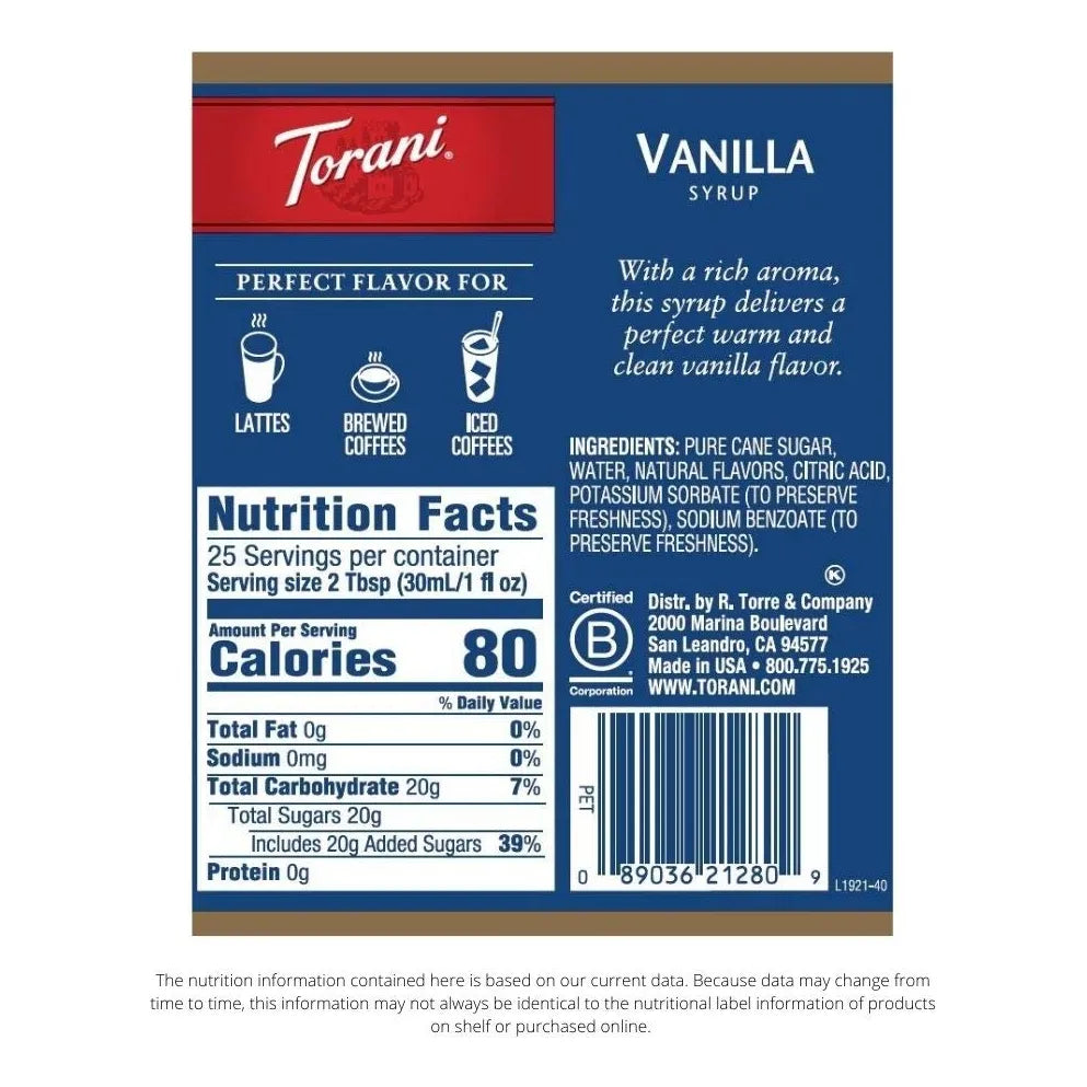 Jarabe De Vainilla Torani 25.4 Onzas Paquete De 4 Sabores Naturales Y Versatilidad