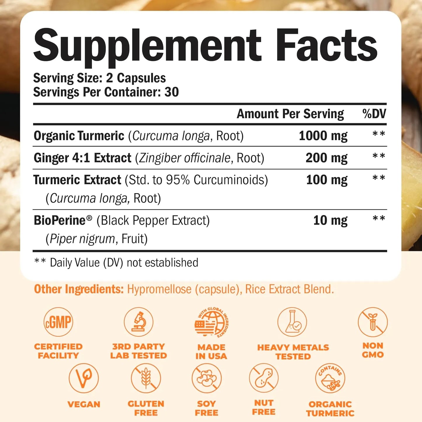 Suplemento De Cúrcuma Orgánica Con Pimienta Negra Y Jengibre Para Articulaciones Y Digestión 120 Cápsulas