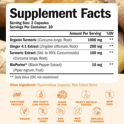 Suplemento De Cúrcuma Orgánica Con Pimienta Negra Y Jengibre Para Articulaciones Y Digestión 120 Cápsulas