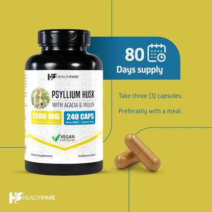 Capsulas Cascara Psyllium 1500 Mg 240 Unidades Suplemento Alto Fibra Sin Gluten Vegano