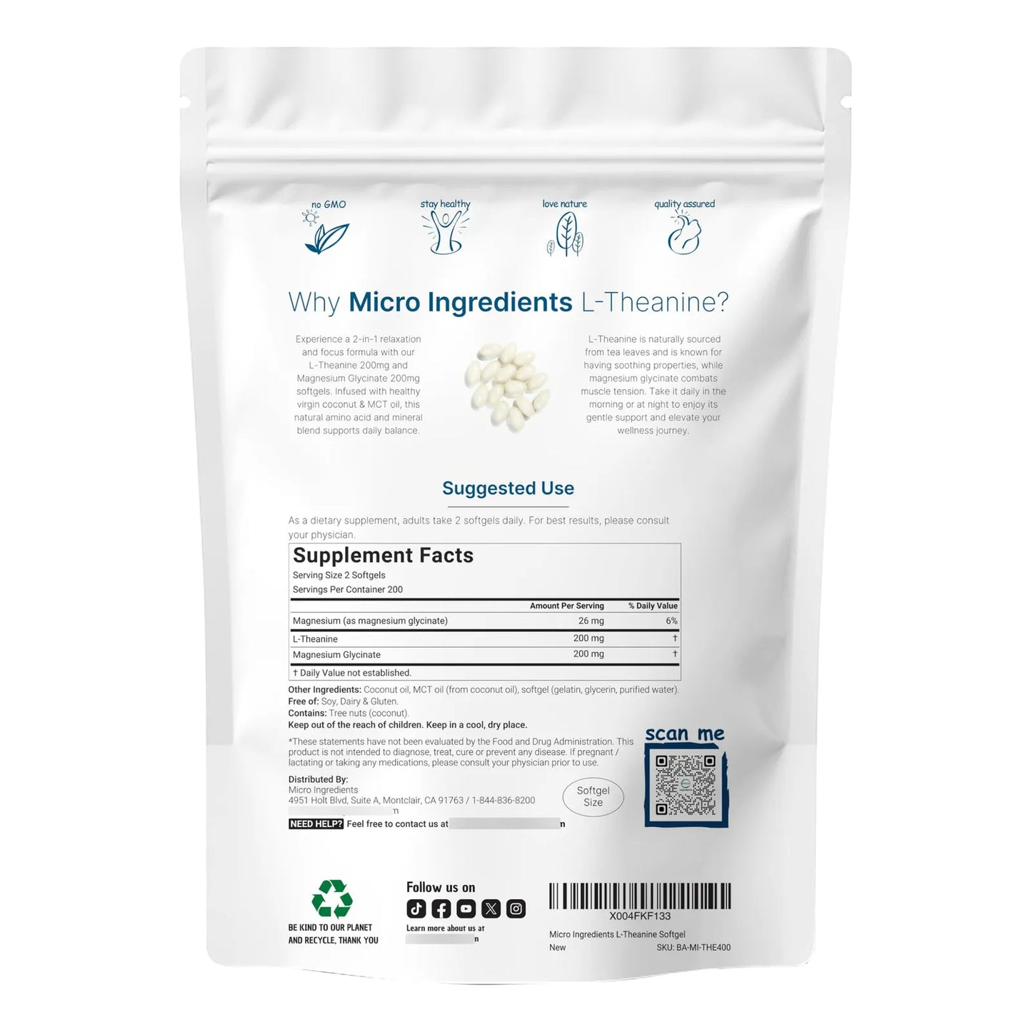 L Teanina 200 Mg Con Glicinato De Magnesio 400 Capsulas Blandas Aceite Coco MCT