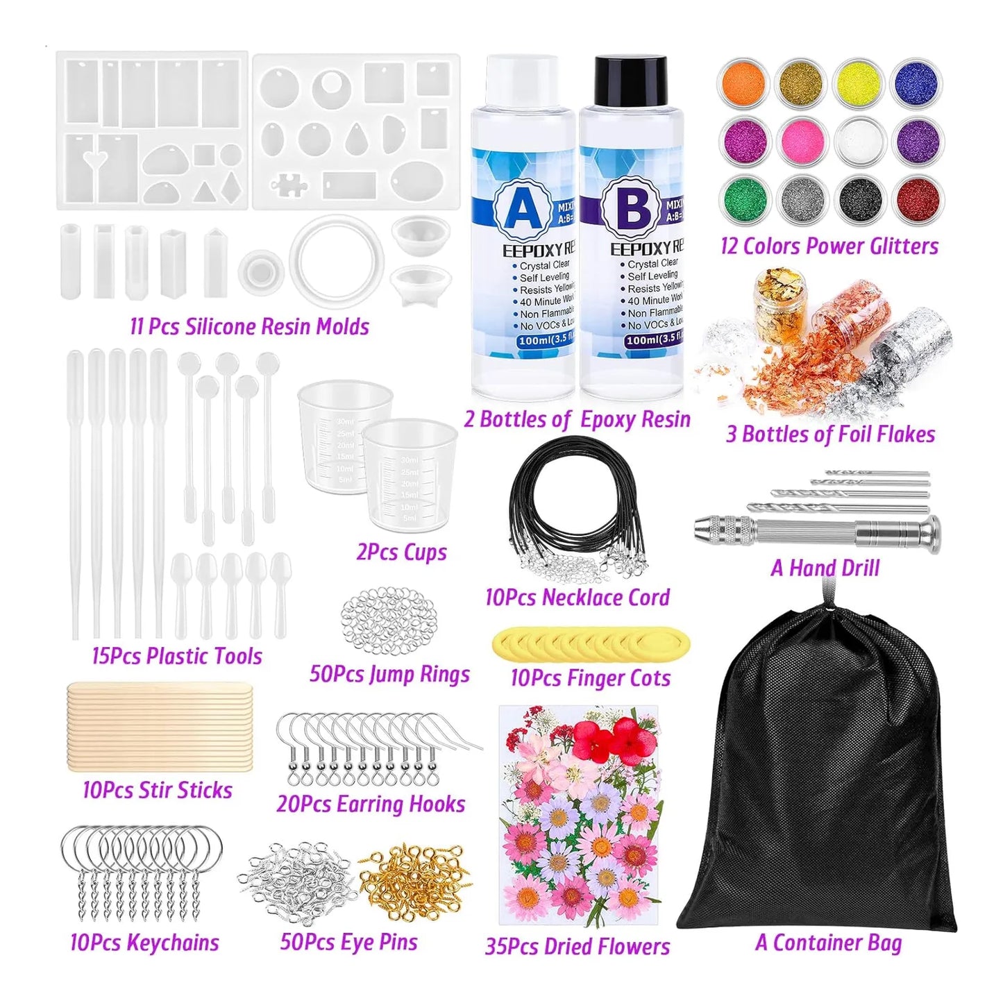 Kit Resina Epoxi Profesional 219 Piezas Con Moldes Y Accesorios Para Joyeria