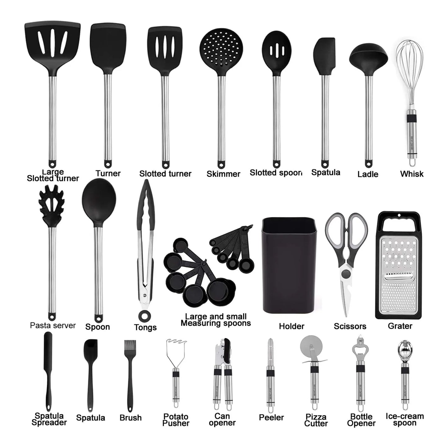 Juego De 33 Utensilios Cocina Silicona Acero Inoxidable Antiadherente