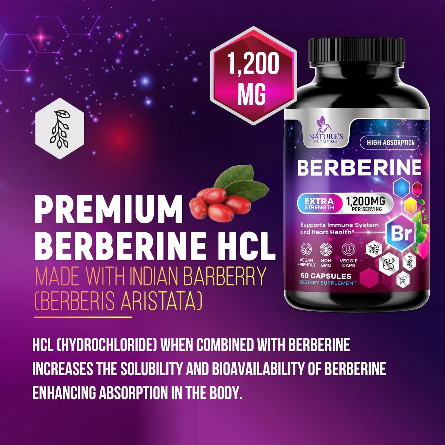 Suplemento De Berberina 1200 Mg Salud Cardíaca Y Apoyo Inmunológico