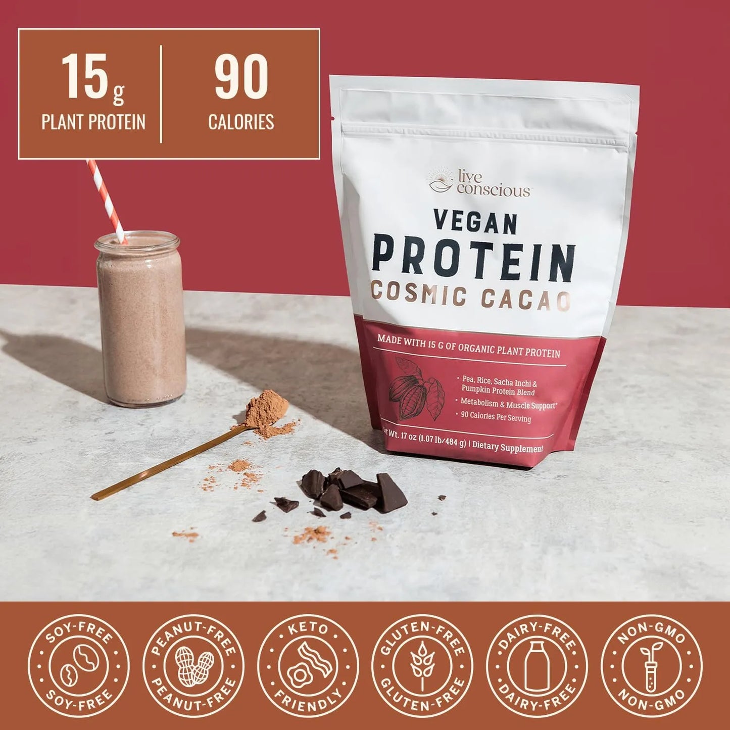 Proteína De Guisante Orgánico En Polvo Sabor Chocolate Live Conscious 17 Onzas