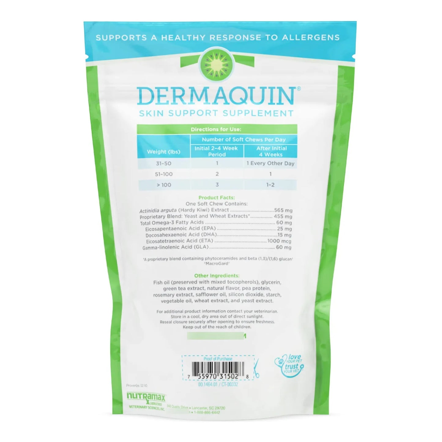 Nutramax Dermaquin Suplemento Piel Perros Grandes 60 Masticables
