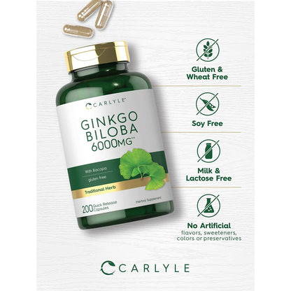Ginkgo Biloba 6000 Mg 200 Cápsulas Máxima Potencia Suplemento Cognitivo