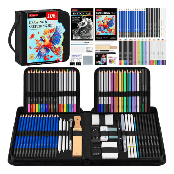 Kit Dibujo Profesional 106 Piezas Con Cuaderno 3 Colores Lápices Grafito Acuarela