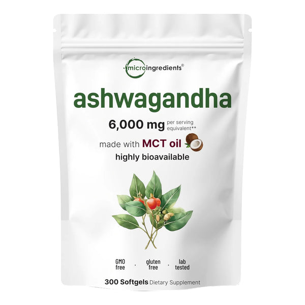 Ashwagandha 6000 Mg 300 Cápsulas Blandas Con Aceite Mct Y Pimienta Negra Para Máxima Absorción