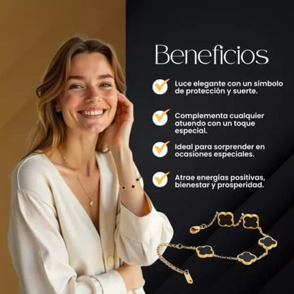 Elegante Pulsera Negra Trébol Cuatro Hojas Regalo Joyeria - Imagen 8