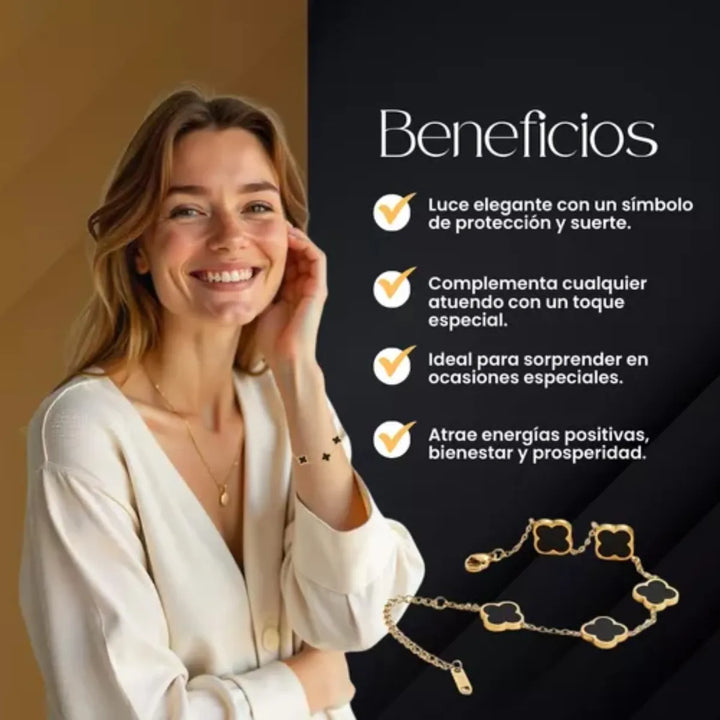 Elegante Pulsera Negra Trébol Cuatro Hojas Regalo Joyeria - Imagen 8