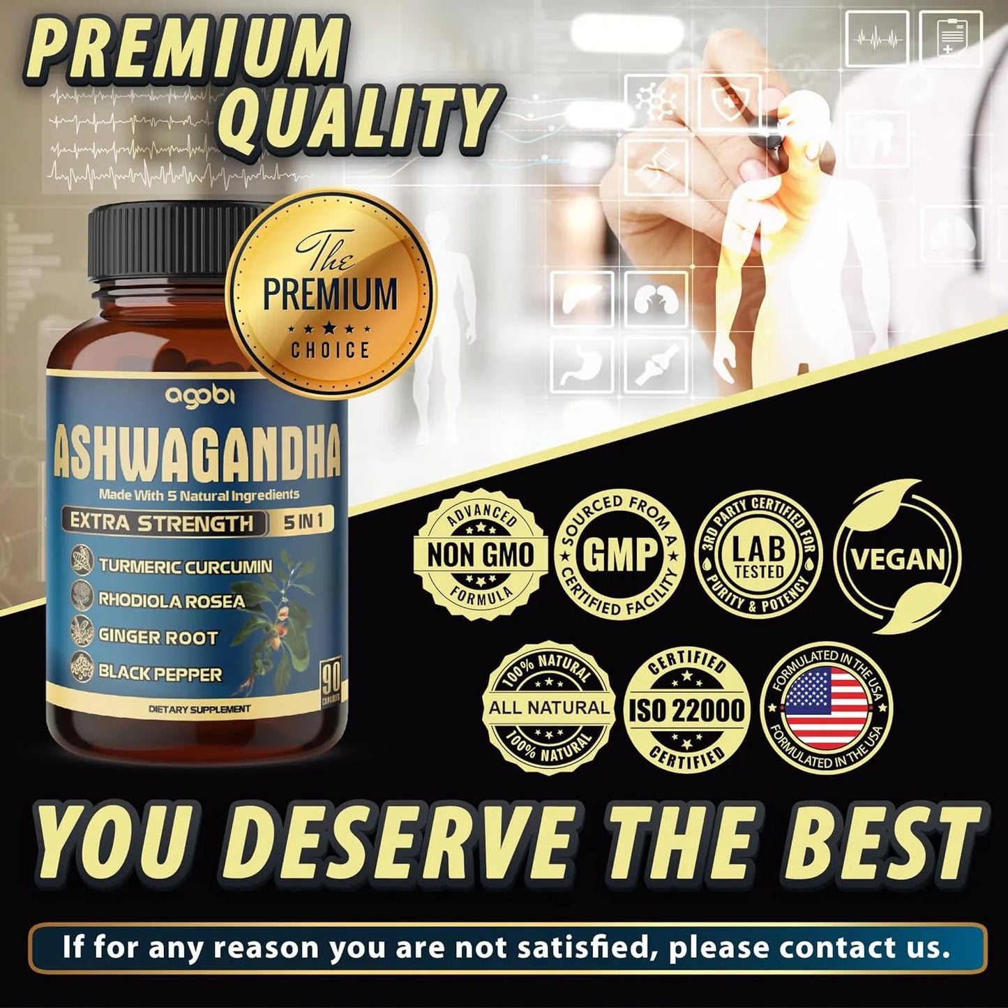 Ashwagandha 5200 Mg Con Jengibre Curcumina Rhodiola Rosea 90 Capsulas Vegano