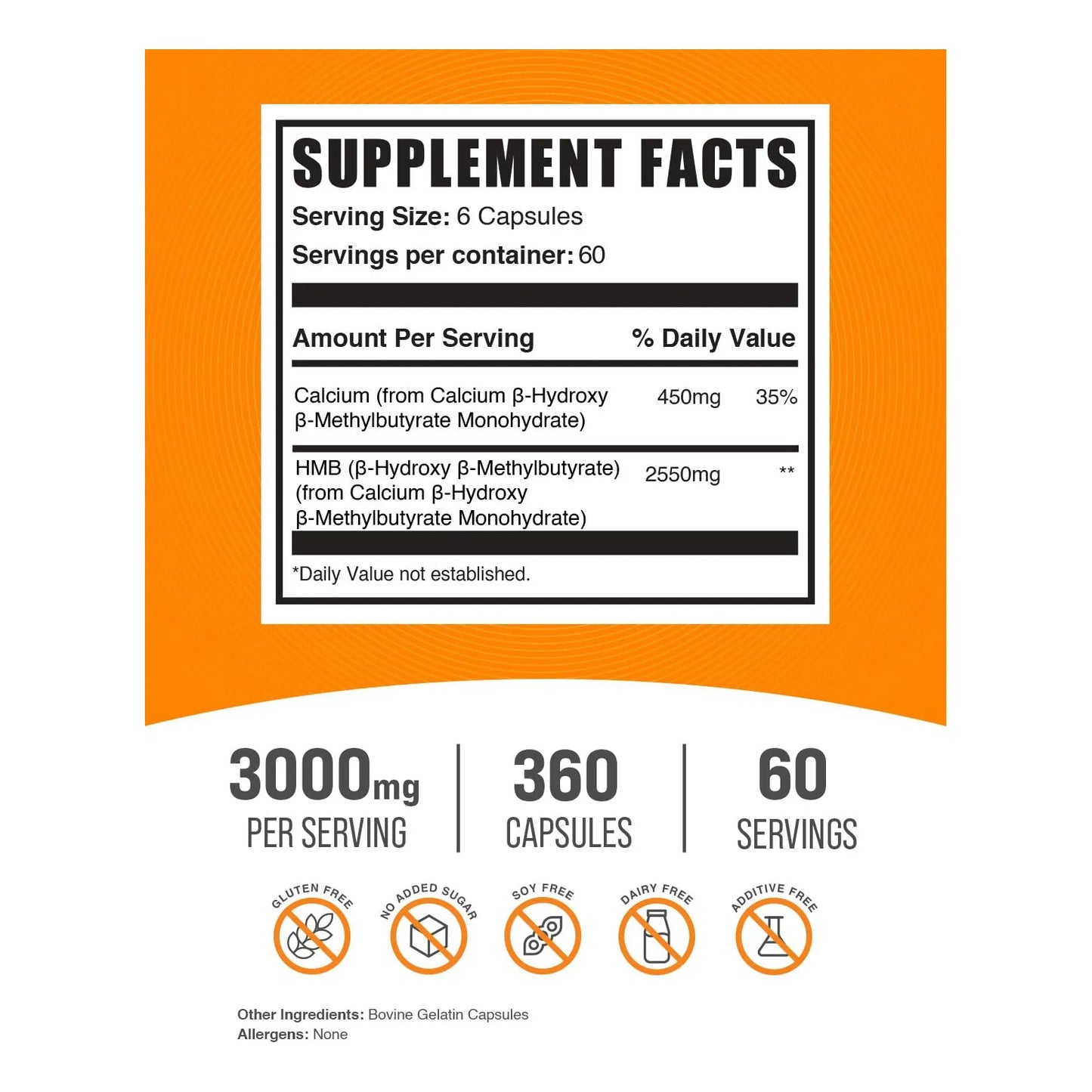 Cápsulas HMB 3000 Mg 360 Unidades Suplemento De Calcio Beta-Hidroxi Beta-Metilbutirato Sin Gluten