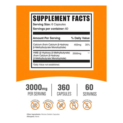 Cápsulas HMB 3000 Mg 360 Unidades Suplemento De Calcio Beta-Hidroxi Beta-Metilbutirato Sin Gluten