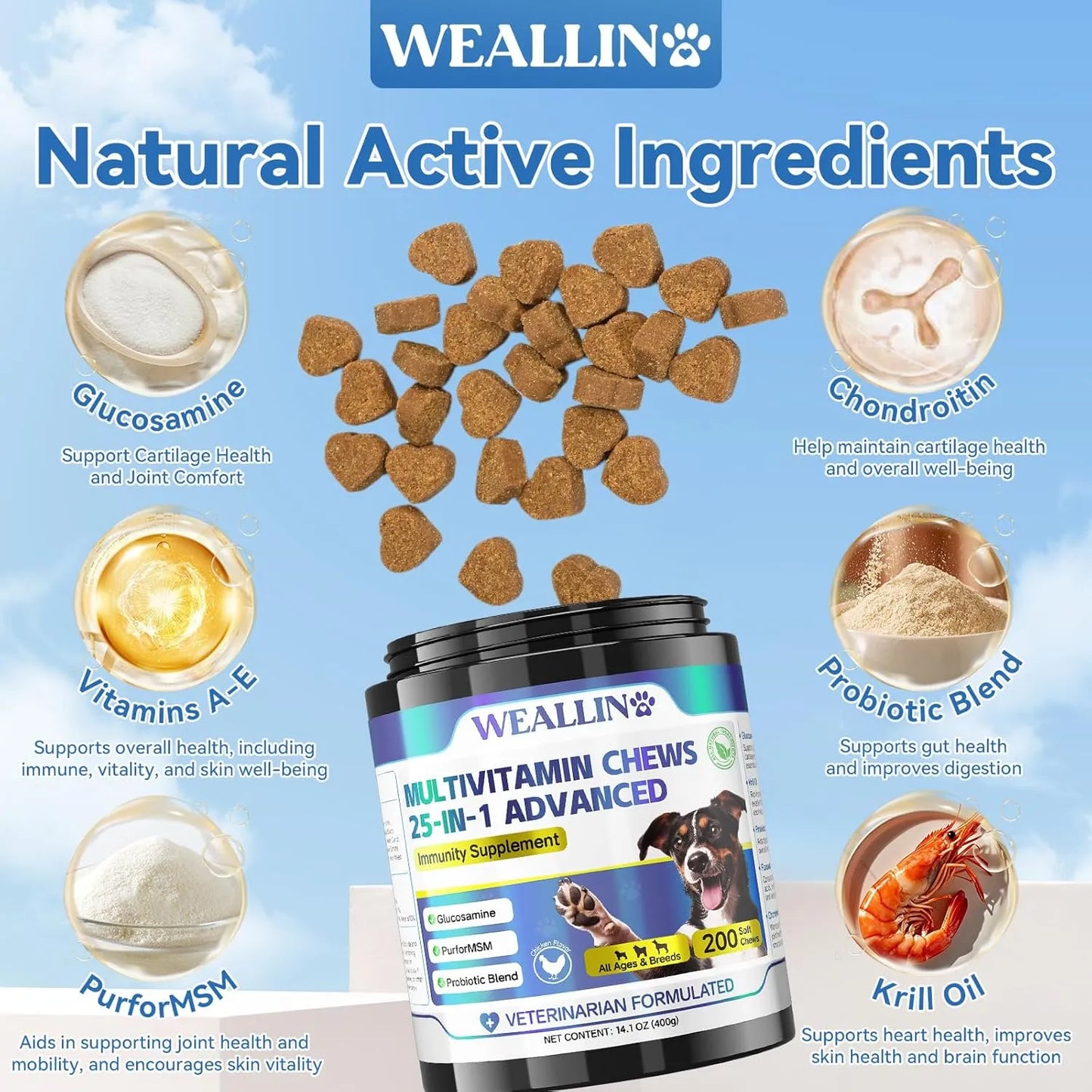 Vitaminas 25 En 1 Para Perros Masticables Con Probióticos Gl Salud Articulaciones Piel Y Pelaje