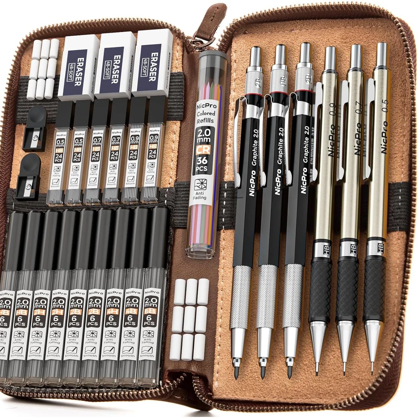 Juego De 30 Lápices Mecánicos Artísticos En Estuche De Cuero Con Minas Multicolor