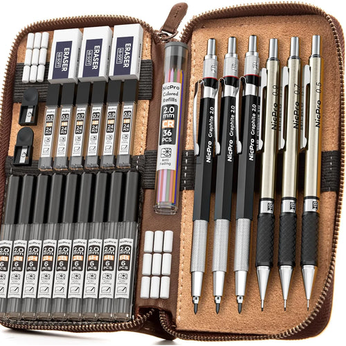 Juego De 30 Lápices Mecánicos Artísticos En Estuche De Cuero Con Minas Multicolor