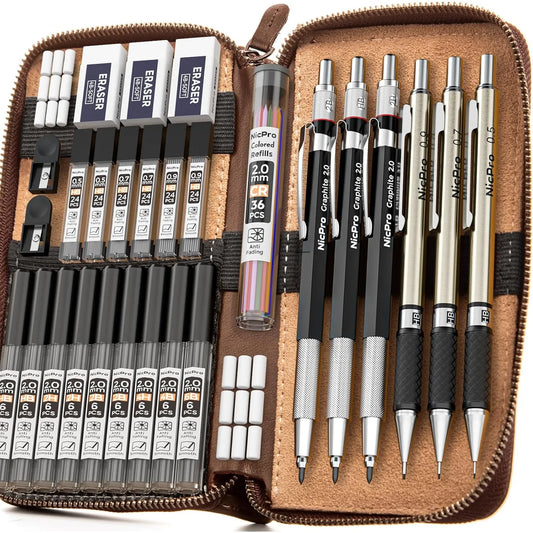Juego De 30 Lápices Mecánicos Artísticos En Estuche De Cuero Con Minas Multicolor