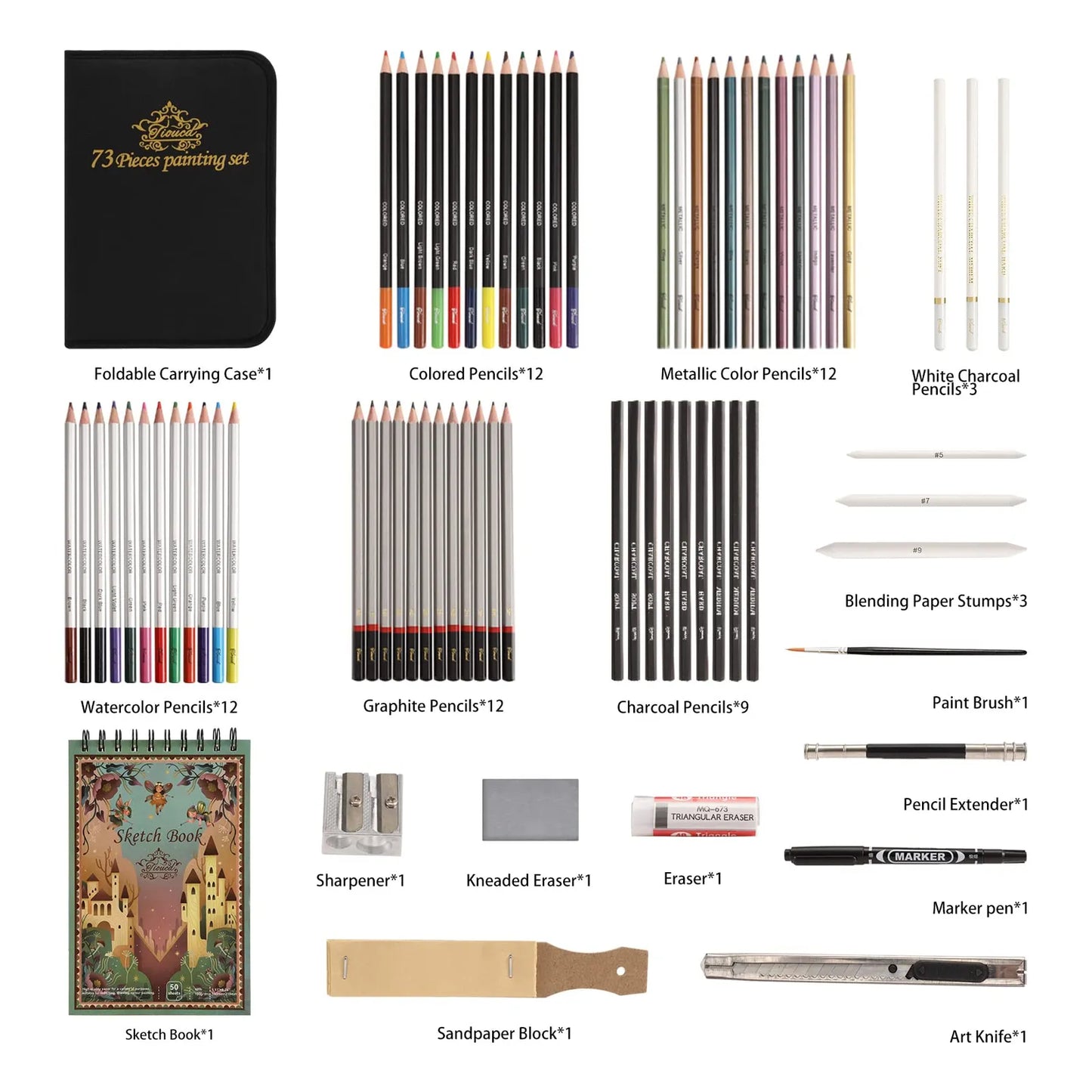 Kit De Dibujo Profesional 73 Piezas Con Lápices Grafito Carboncillo Y Más