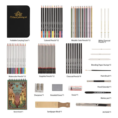 Kit De Dibujo Profesional 73 Piezas Con Lápices Grafito Carboncillo Y Más