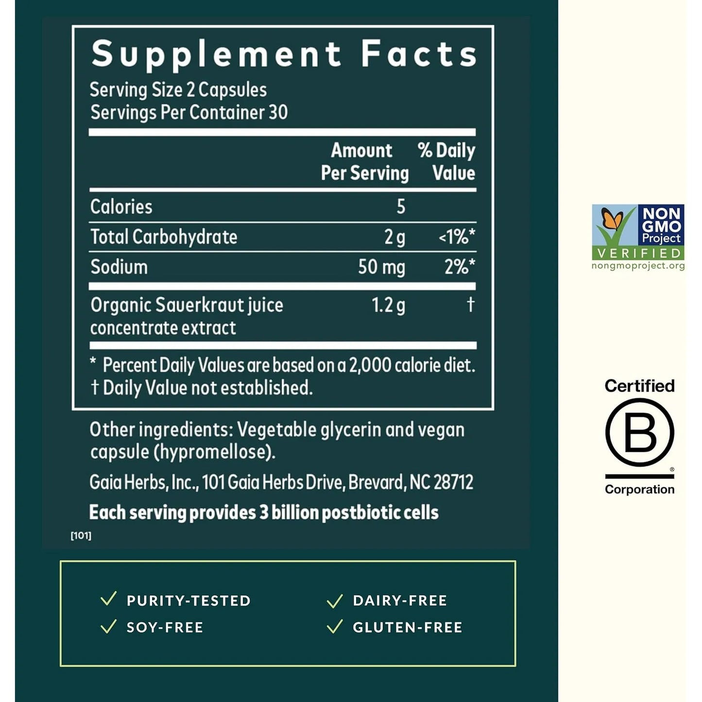Chucrut Postbiótico Natural Gaia Herbs 60 Cápsulas Veganas Salud Intestinal E Inmunológica