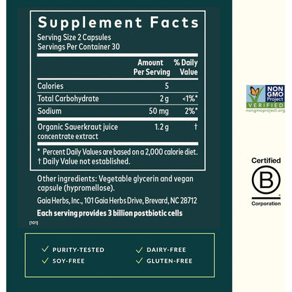 Chucrut Postbiótico Natural Gaia Herbs 60 Cápsulas Veganas Salud Intestinal E Inmunológica