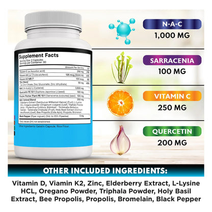 Suplemento NAC Con Vitamina D3 K2 Zinc Quercetina Triphala 120 Cápsulas