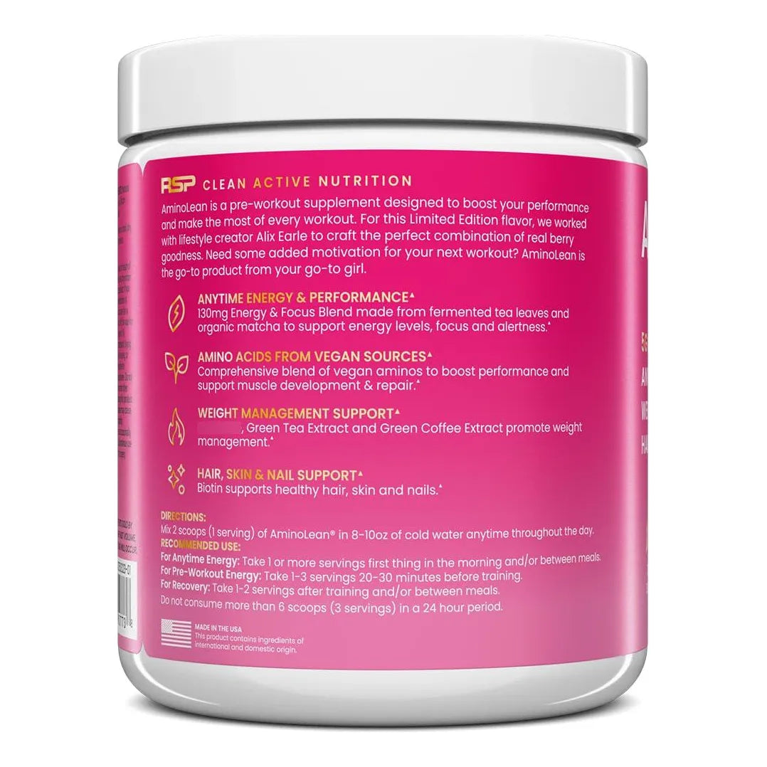 AminoLean Pre Entrenamiento Energía Limpia Con Biotina Elixir De Bayas 30 Porciones