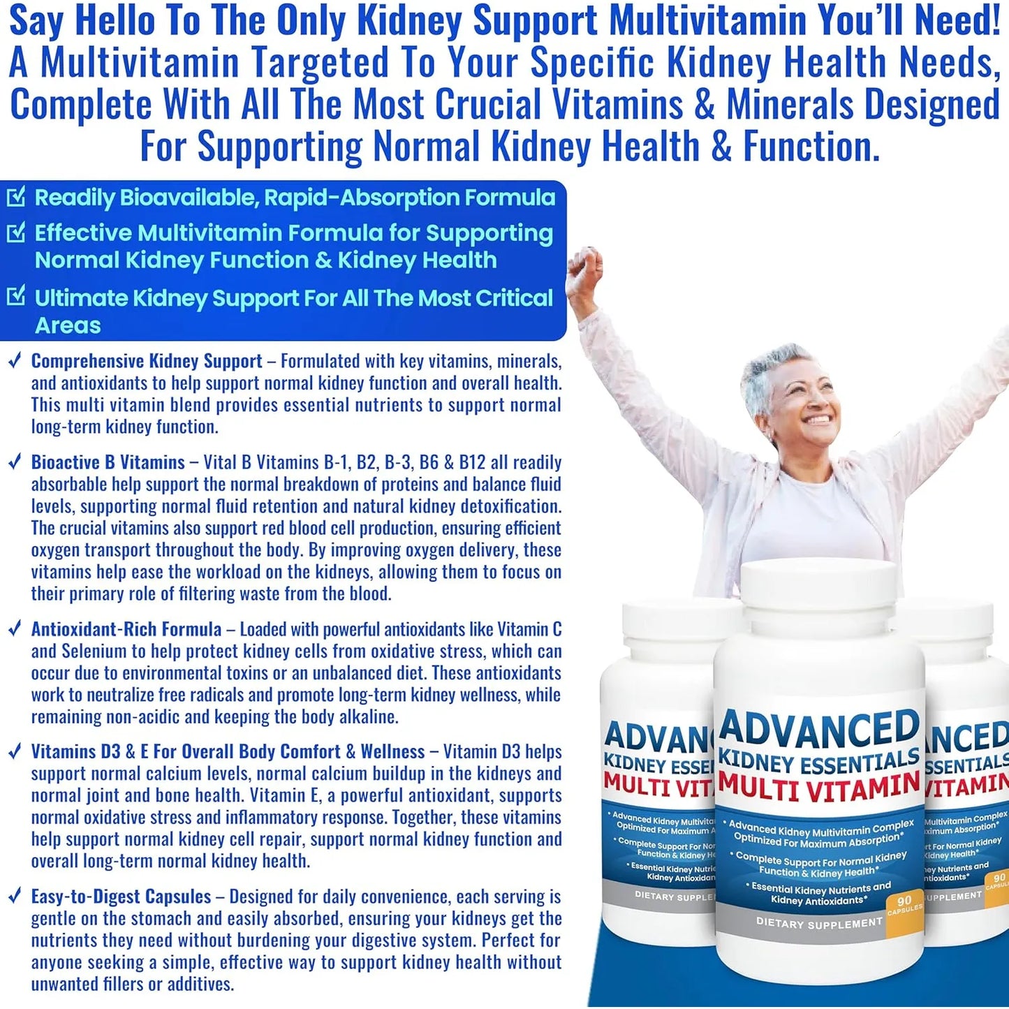 Multivitamínico Esencial Para Riñones 90 Cápsulas Apoyo Renal Completo