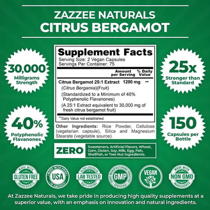 Extracto De Bergamota Cítrica Potente 1200 Mg 150 Cápsulas Veganas 40 Flavanonas