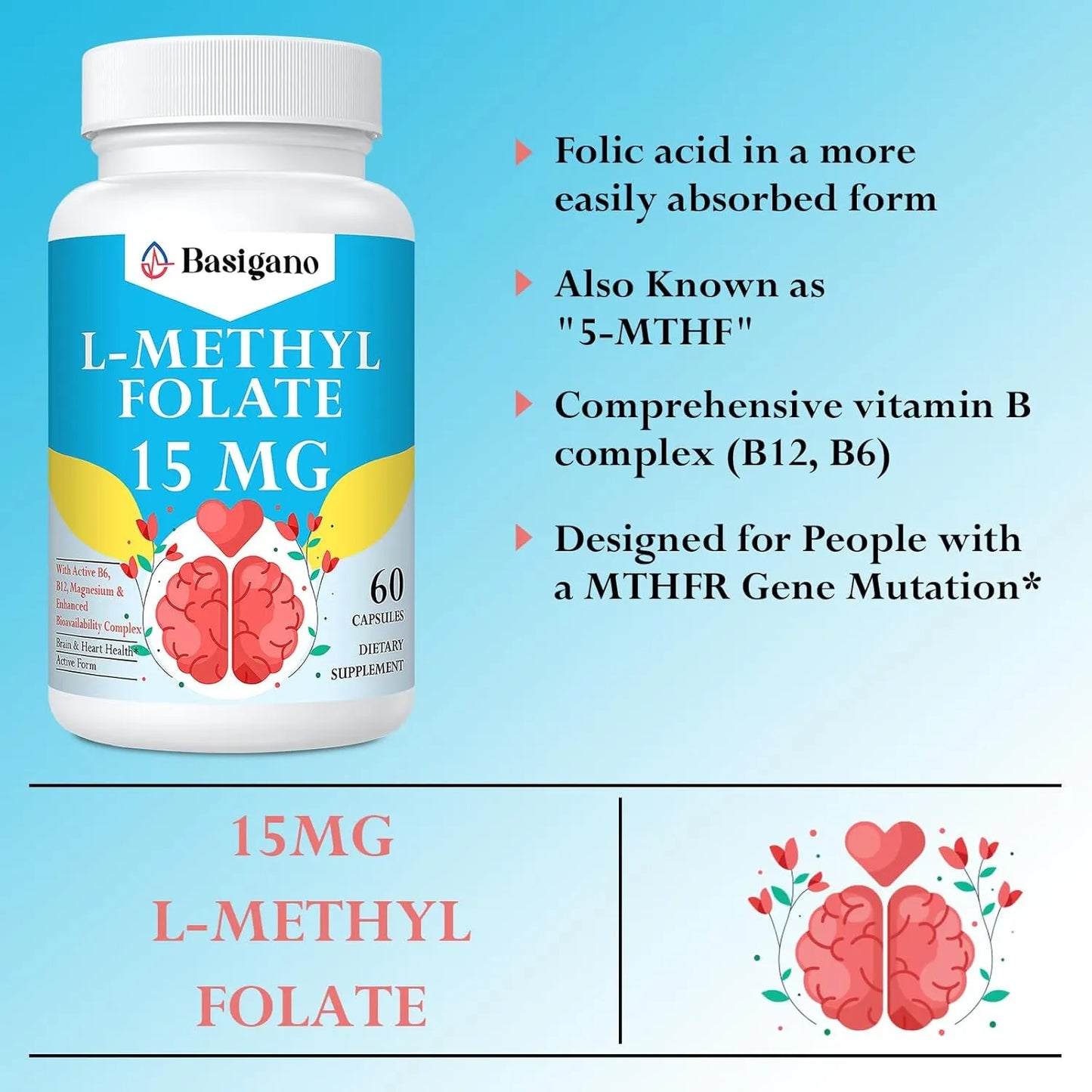 Capsulas De Metilfolato 15 Mg Con Vitaminas B6 Y B12 60 Cápsulas Vegetarianas