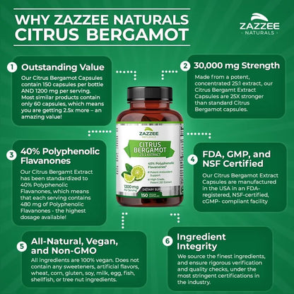 Extracto De Bergamota Cítrica Potente 1200 Mg 150 Cápsulas Veganas 40 Flavanonas
