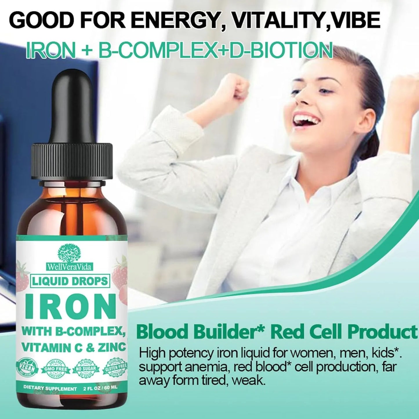 Suplemento De Hierro Liquido Con Vitamina C Y Complejo B Gotas Veganas Sabor Fresa