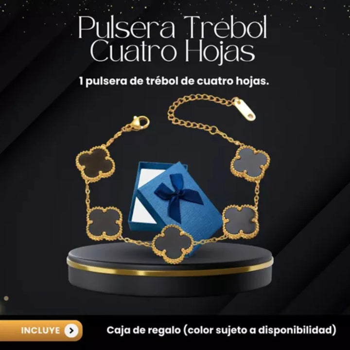Elegante Pulsera Negra Trébol Cuatro Hojas Regalo Joyeria - Imagen 2