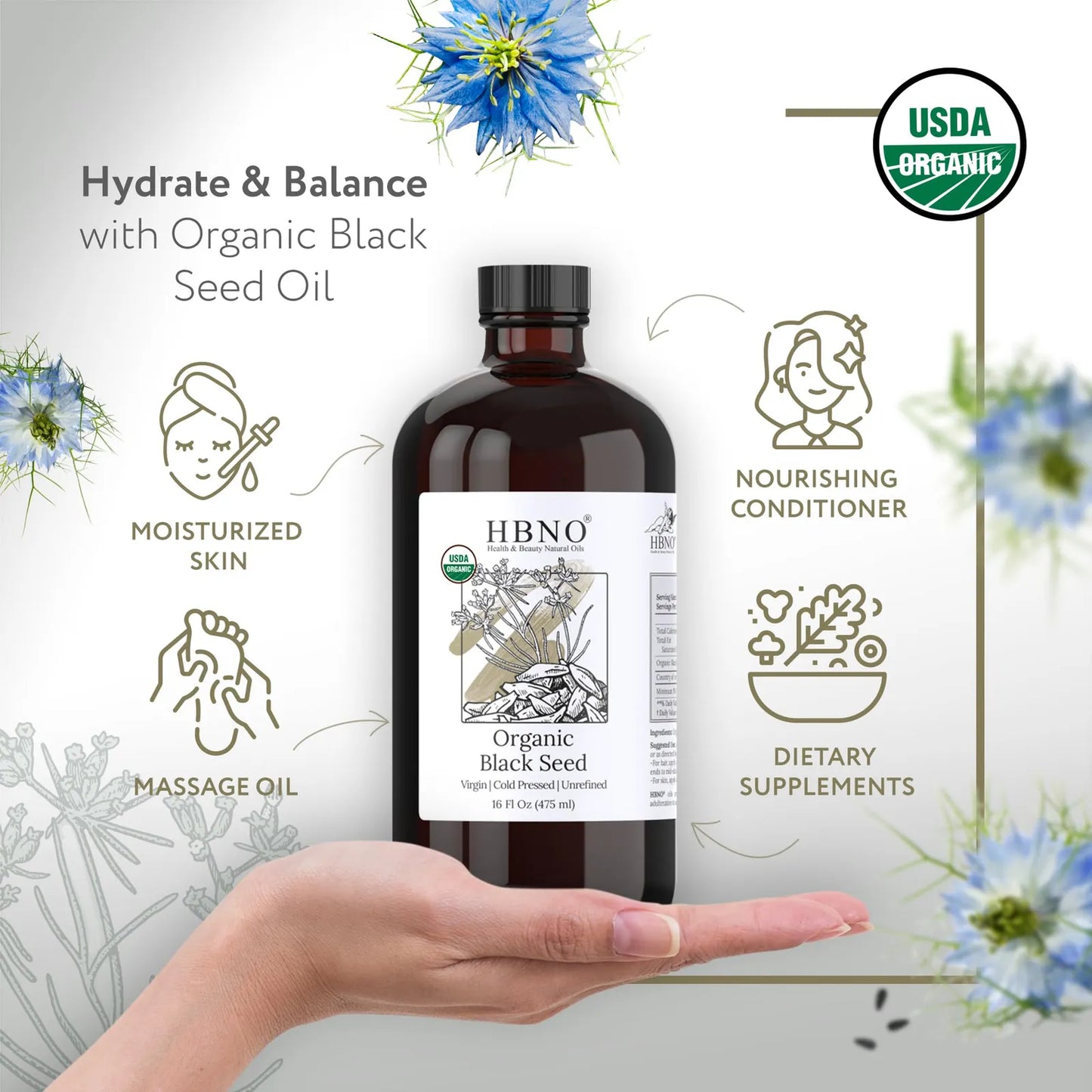 Aceite Organico De Semillas Negras 473 Ml Botella De Vidrio Prensado En Frio Certificado USDA