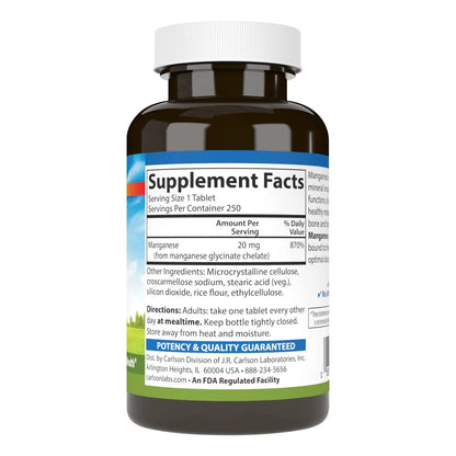 Manganeso Quelado 20 Mg Absorcion Superior Metabolismo Salud Huesos Y Cerebro 250 Tabletas