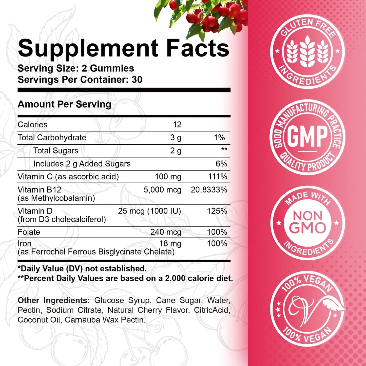 Gomitas Vitamina B12 5000 Mcg Con Hierro Vitamina C D3 Sabor Cereza