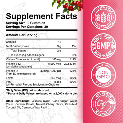 Gomitas Vitamina B12 5000 Mcg Con Hierro Vitamina C D3 Sabor Cereza