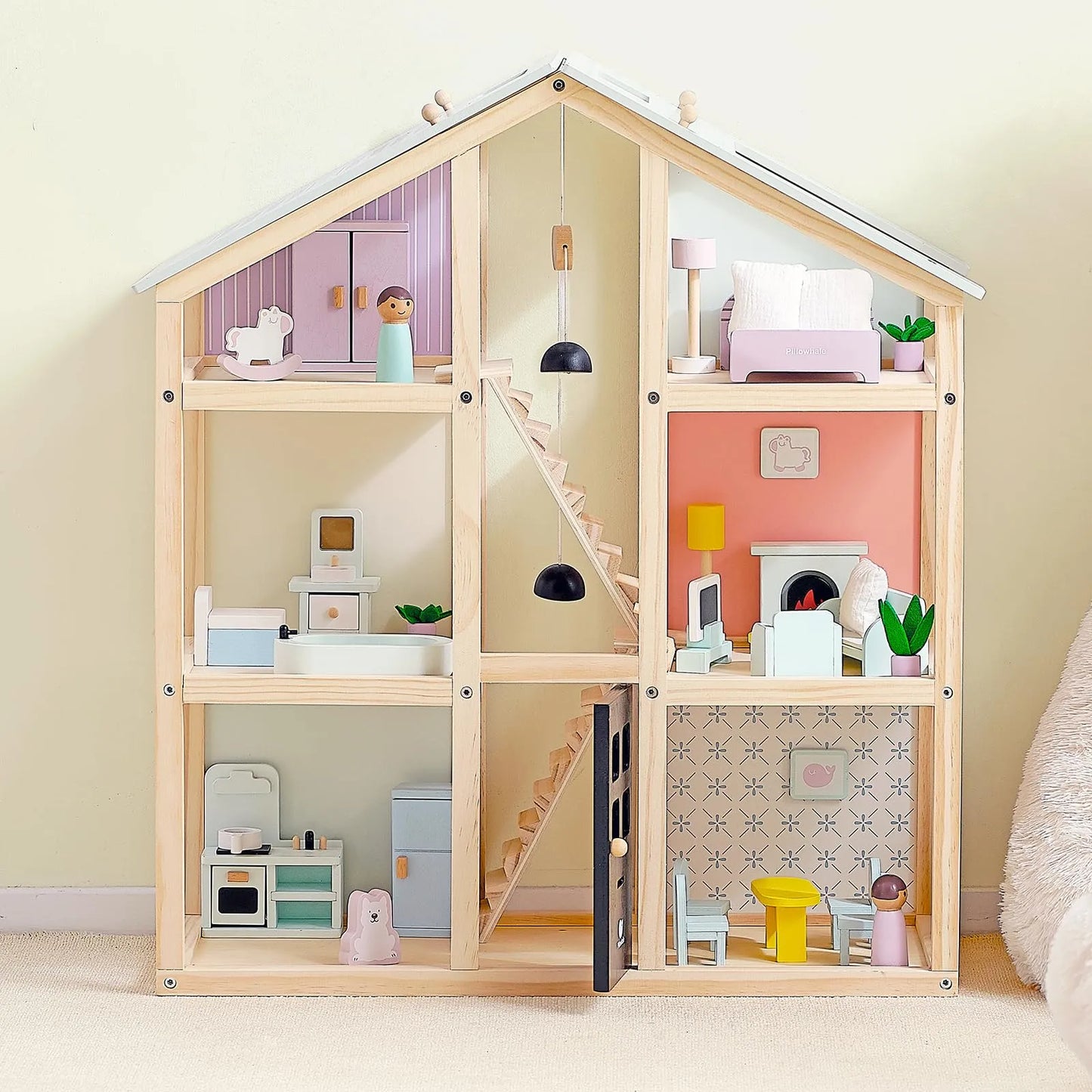 Casa De Muñecas Grande De Madera Con 38 Accesorios Muebles 3 Pisos Juguete Educativo