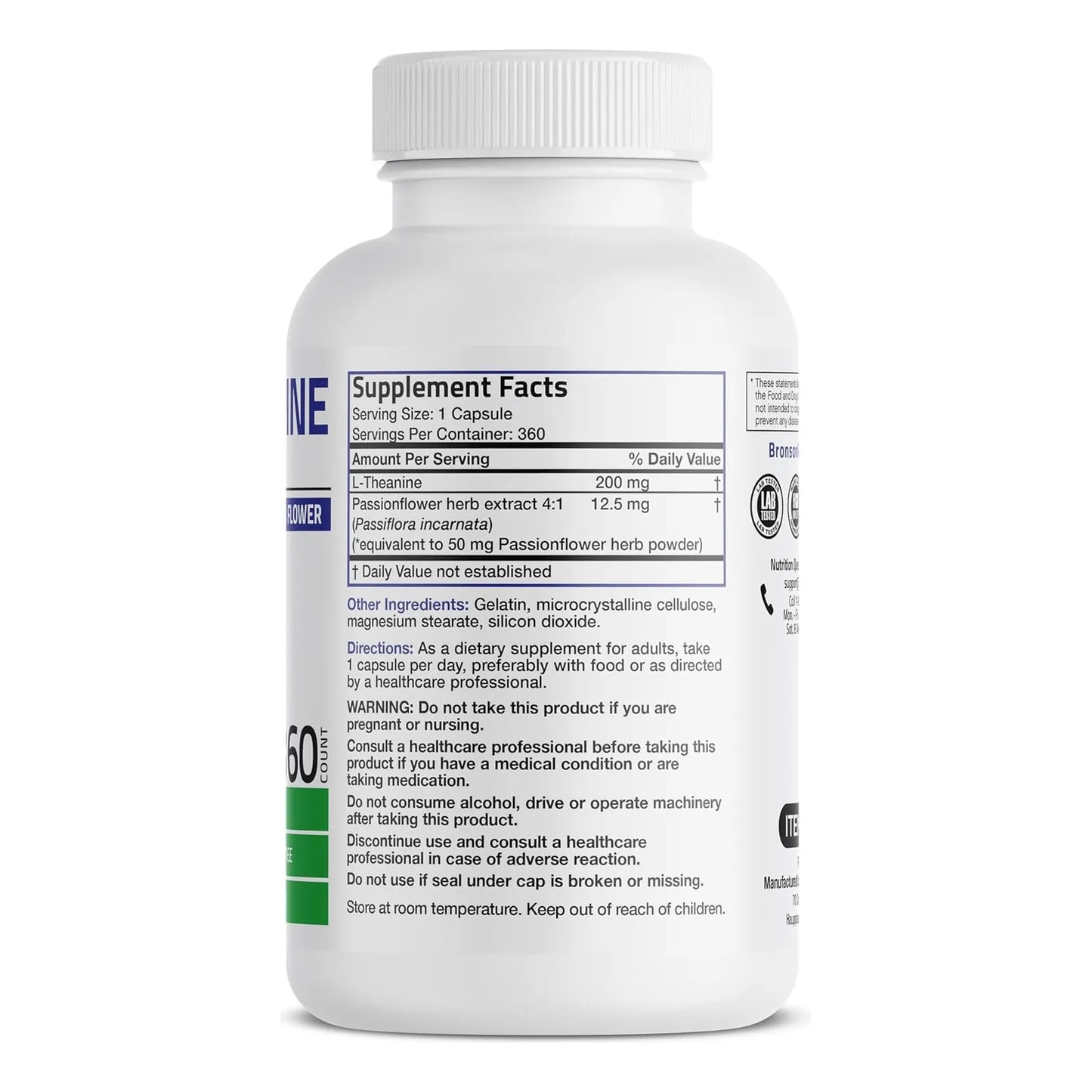 L Teanina 200 Mg Con Hierba De Flor De La Pasion 360 Capsulas Bronson Suplemento De Gestion Del Estrés