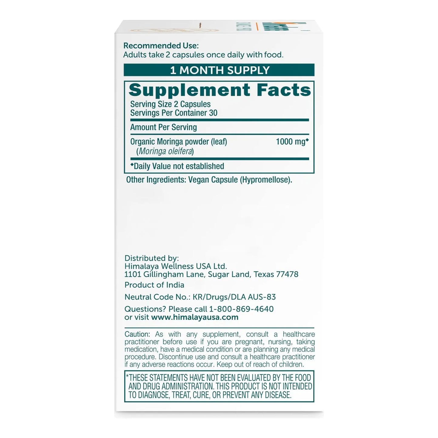 Moringa Himalaya 1000 Mg 60 Cápsulas Superalimento Antioxidante Vegano