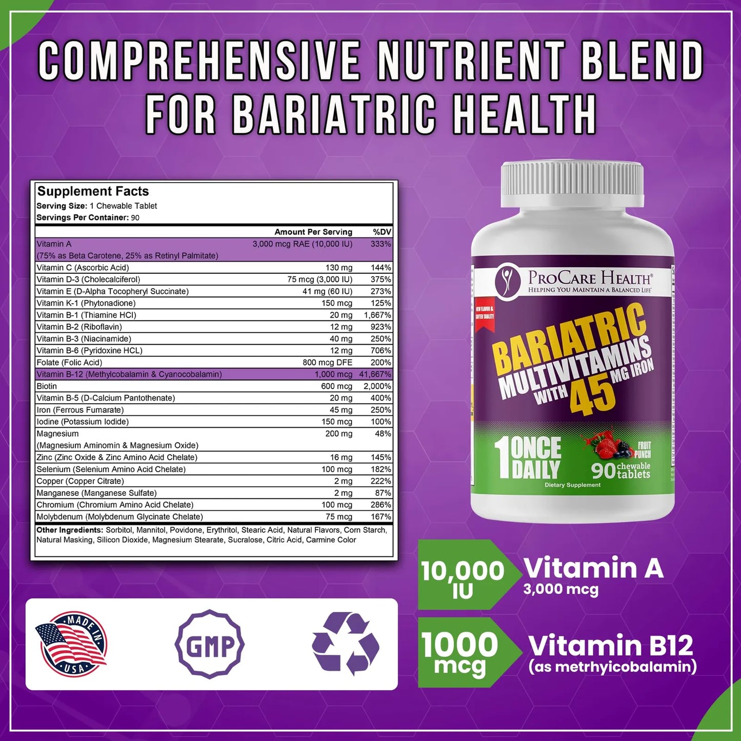Multivitamínico Bariátrico Masticable Con Hierro 45 Mg Sabor Ponche De Fruta 90 Tabletas
