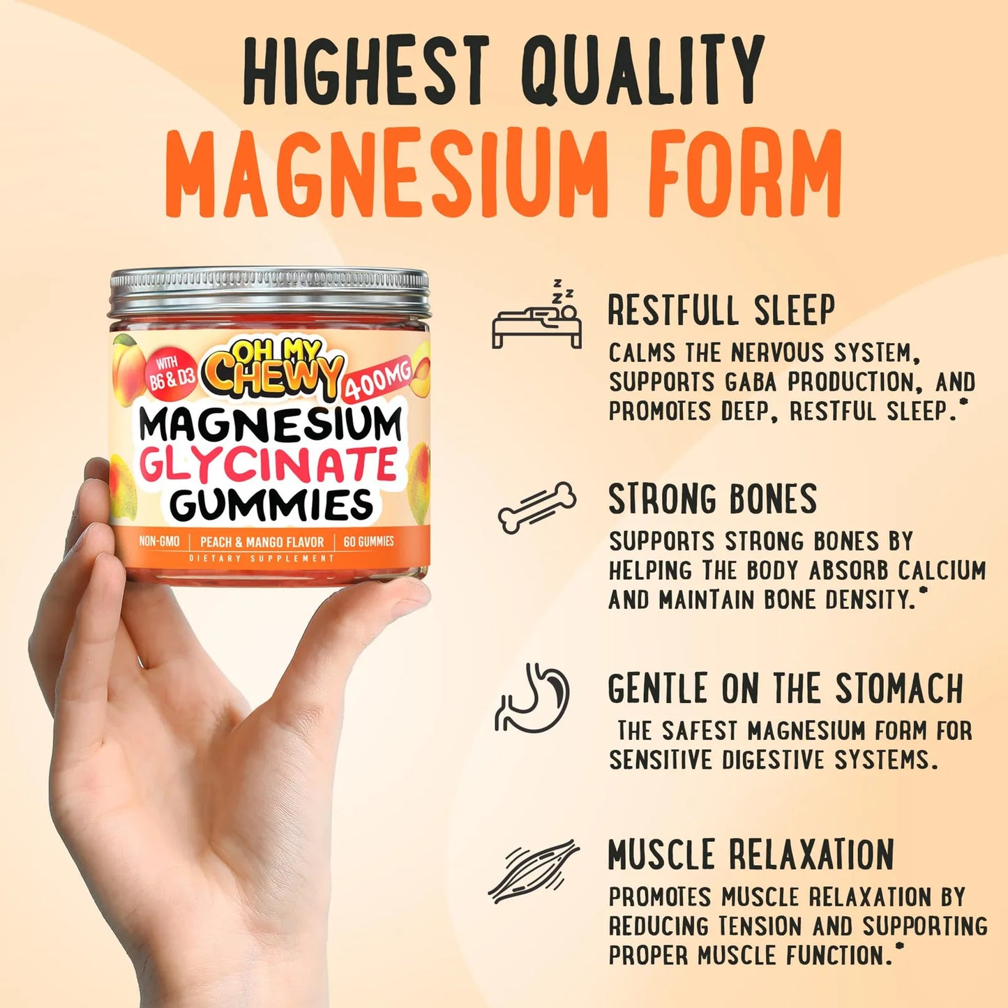 Gomitas Glicinato Magnesio 400 Mg Rellenas Sabor Frutal Con B6 Y D3