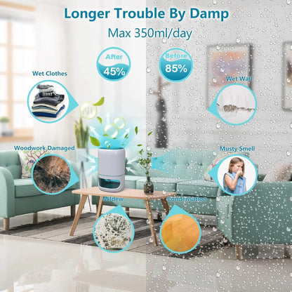 Deshumidificador Compacto Con Purificador De Aire 1000Ml Tecnologia Peltier Luces Led