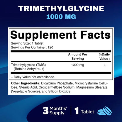 Trimetilglicina Betaína Anhidra 1000mg 120 Tabletas 2 Botellas Sin OMG Y Sin Gluten