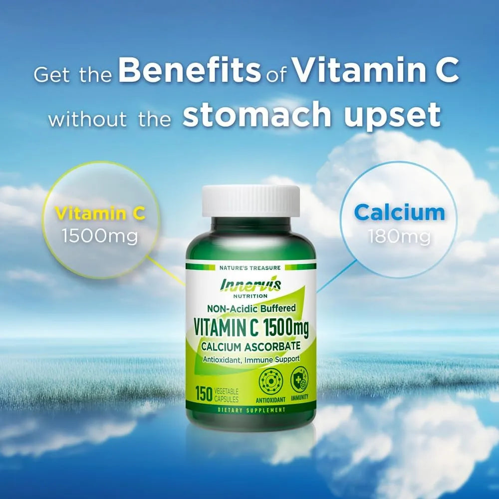 Vitamina C No Ácida 1500 Mg Ascorbato De Calcio 150 Cápsulas Suave Con El Estómago