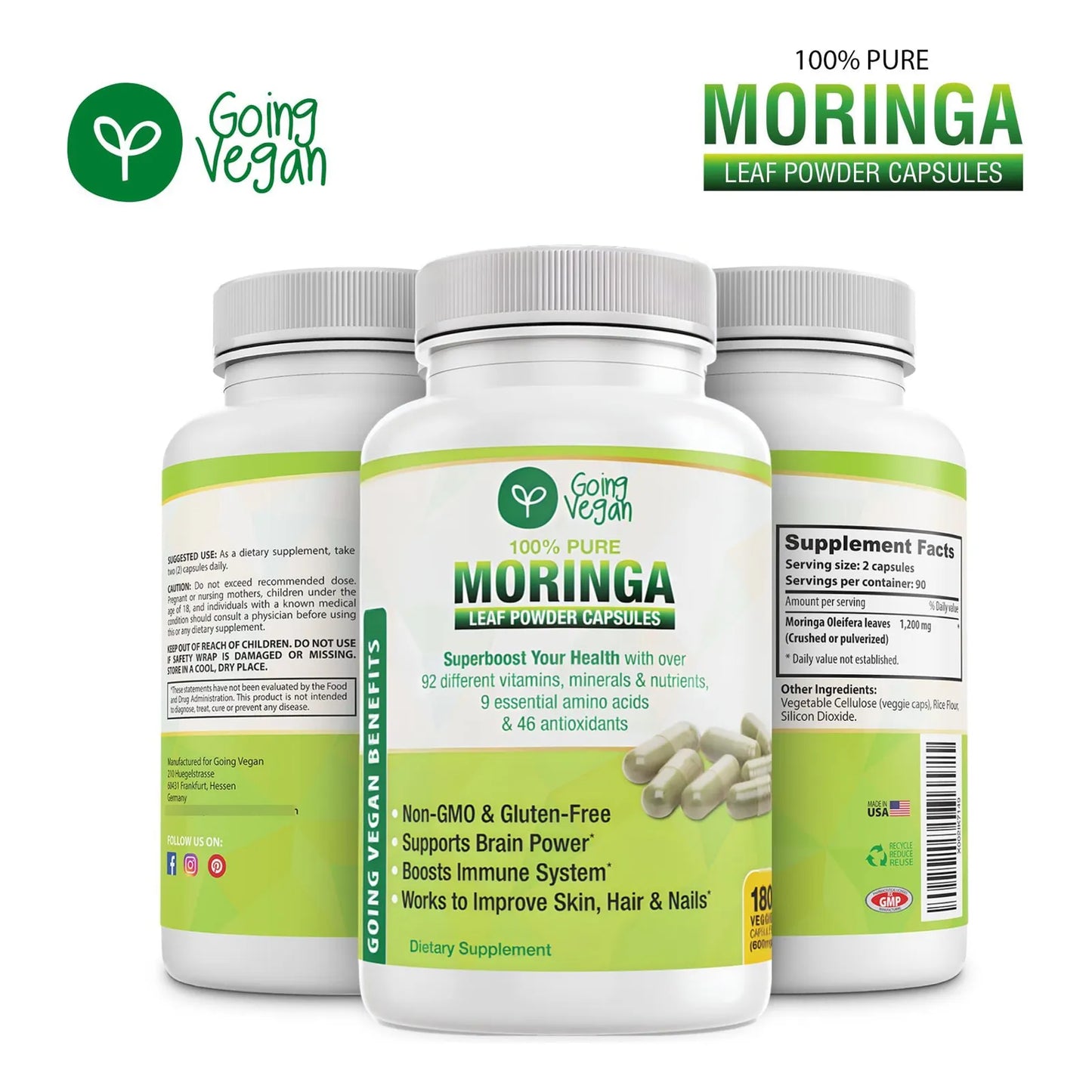 Cápsulas De Moringa 180 Unidades 1200 Mg Refuerzo Inmunológico Y Energía
