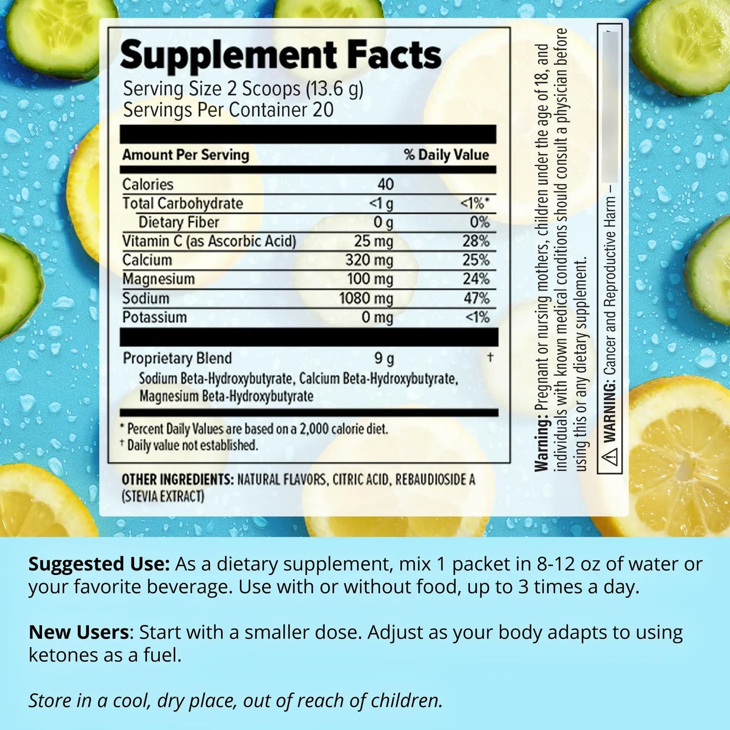 Keto BHB Powder Pepino Limon 20 Paquetes Suplemento Dietetico Energia Cetosis