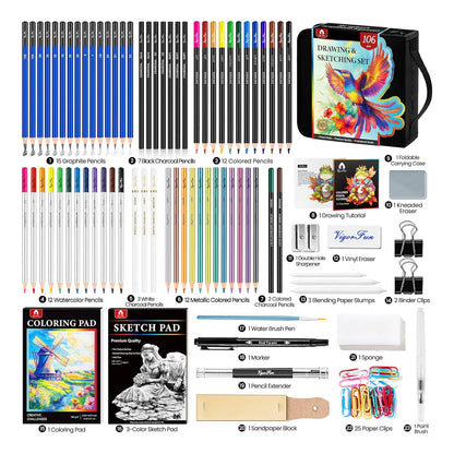 Kit Bocetos 106 Piezas Lápices Dibujo Profesional Cuaderno Colorear Arte