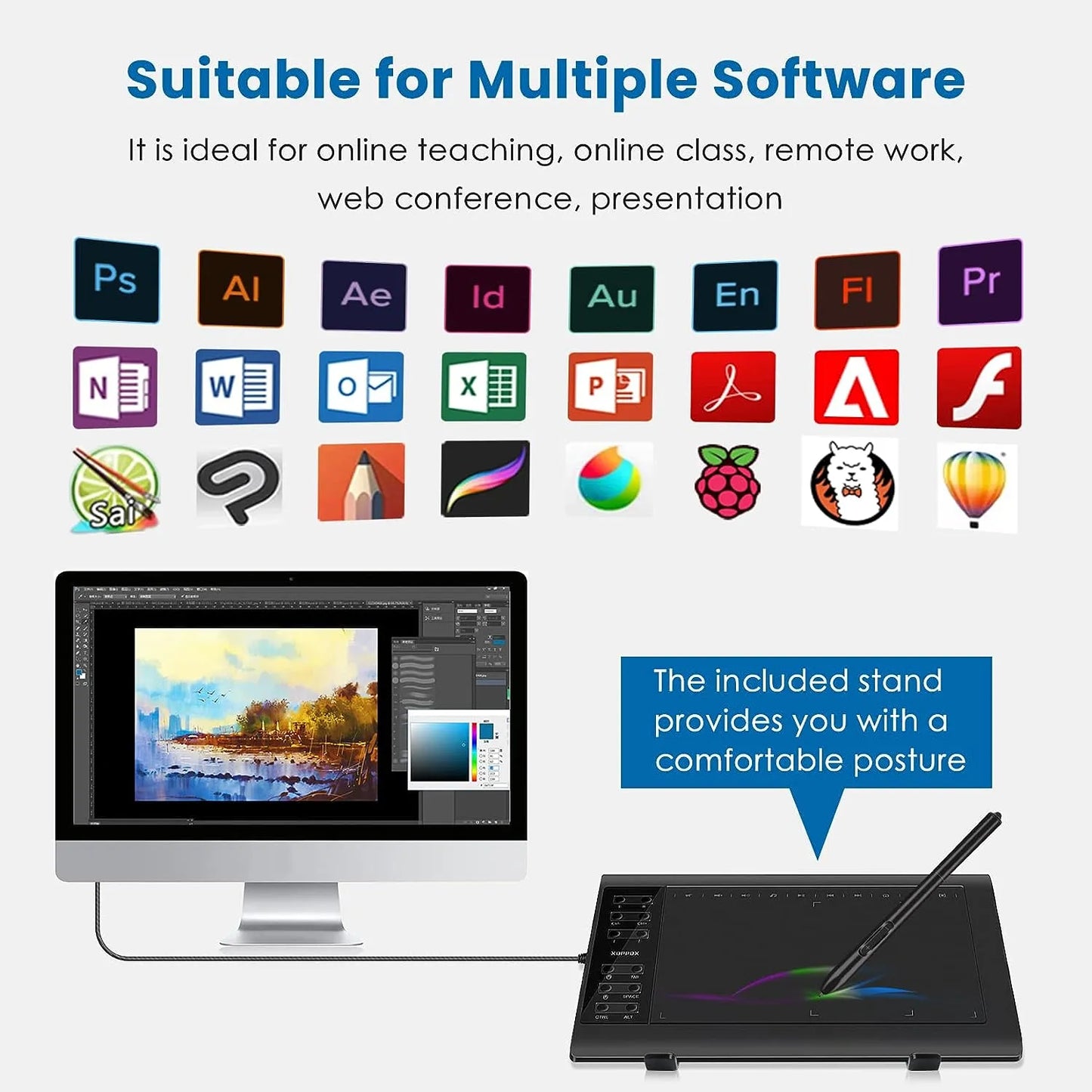 Tableta Grafica Xoppox 10x6 Pulgadas Lápiz Sin Batería 8192 Niveles Presión Compatible PC Mac Android